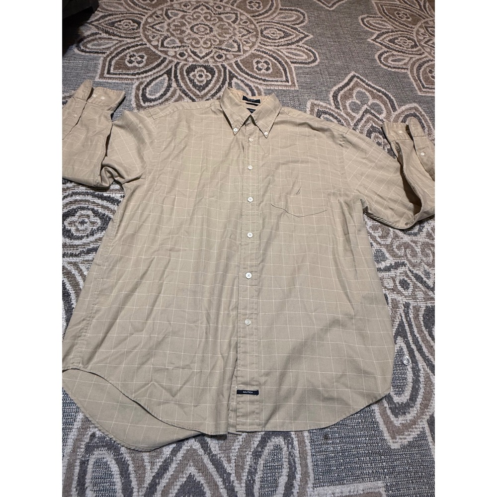 Nautica Mens Tan Windowpane Check Long Sleeve Button Down Cotton Shirt Large